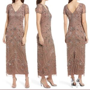 PISARRO NIGHTS Beaded Mesh Column
Gown in Mauve